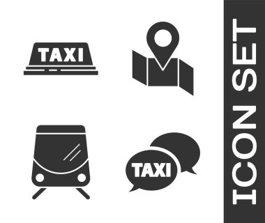 Taksi çağırma servisini, Taxi araba çatısını, tramvayı ve demiryolunu ve konum belirleyici simgesiyle katlanmış haritayı ayarla. Vektör.