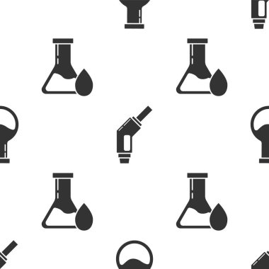 Test tüpü ve matara, benzin pompası enjektörü ve yağ benzin test tüpünü pürüzsüz desene ayarlayın. Vektör.