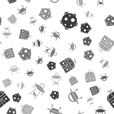 Set Gezegeni, UFO uçan uzay gemisi, Astronomik gözlemevi ve UFO kusursuz bir şekilde ineği kaçırıyor. Vektör.