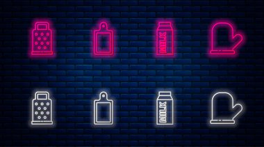 Hat kesme tahtası, süt için kağıt paketi, Öğütücü ve fırın eldiveni. Tuğla duvarda parlayan neon simgesi. Vektör.