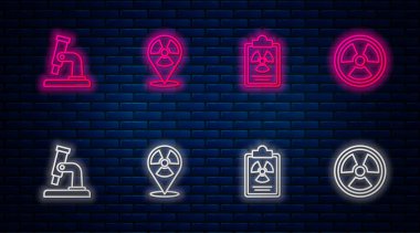 Radyoaktif hat, Radyasyon Uyarı Belgesi, Mikroskop ve Tuğla duvarda parlayan neon simgesi. Vektör.