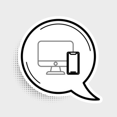 Gri arkaplanda Hat Bilgisayar monitörü ve cep telefonu simgesi izole edildi. İnternetten kazanç, pazarlama. Renkli taslak konsepti. Vektör.