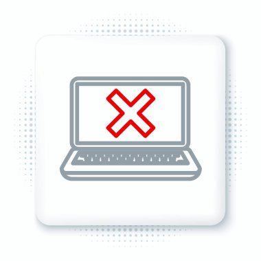 Beyaz arkaplanda izole edilmiş çizgi dizüstü bilgisayar ve çapraz iz. Hata penceresi, çıkış düğmesi, iptal, 404 hata sayfası konsept bulunamadı. Renkli taslak konsepti. Vektör.