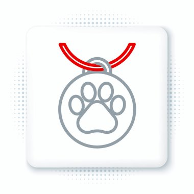 Beyaz arkaplanda isim etiketi simgesi olan satır yakası. Evcil hayvan malzemeleri. Köpek ya da kedi pençesi izi. Kedi köpek bakımı. Evcil hayvan zincirleri. Renkli taslak konsepti. Vektör.