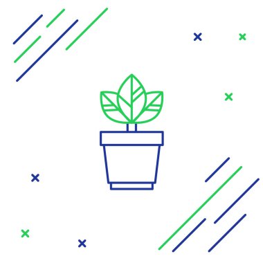 Çömlek simgesindeki çizgi çiçekleri beyaz arkaplanda izole edilmiş. Tencerede yetişen bir bitki. Saksı bitkisi işareti. Renkli taslak konsepti. Vektör.