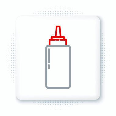 Çizgi sos şişesi simgesi beyaz arkaplanda izole edilmiş. Ketçap, hardal ve fast food için soslu mayonez şişeleri. Renkli taslak konsepti. Vektör.