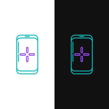 Çizgi Akıllı Telefon ve oyun simgesinde oynamak beyaz ve siyah arkaplanda izole edilmiştir. Mobil oyun konsepti. Renkli taslak konsepti. Vektör.