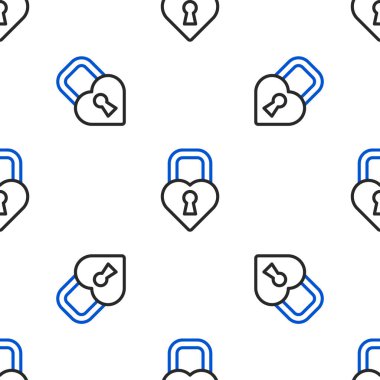 Kalp ikonu şeklindeki Çizgi Kalesi beyaz arkaplandaki kusursuz deseni izole etti. Kilitli Kalp. Aşk sembolü ve anahtar deliği işareti. Sevgililer Günü. Renkli taslak konsepti. Vektör.