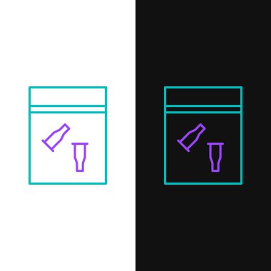 Çizgi kanıt torbası ve kurşun ikonu beyaz ve siyah arkaplanda izole edilmiş. Renkli taslak konsepti. Vektör.