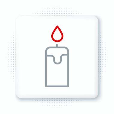 Satır Yanan mum simgesi beyaz arkaplanda izole edildi. Silindirik mum çubuğu ve yanan ateş. Renkli taslak konsepti. Vektör.