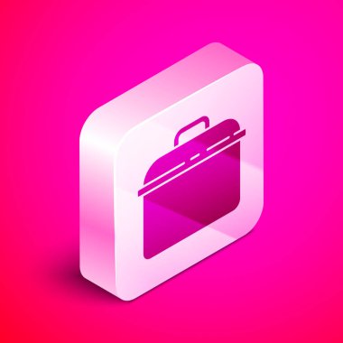 Pembe arka planda izole edilmiş Isome yemek tenceresi ikonu. Haşlama ya da güveç besin sembolü. Gümüş kare düğme. Vektör.