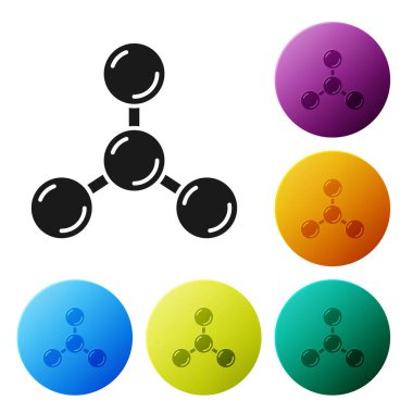 Beyaz arkaplanda siyah molekül simgesi izole edildi. Kimya moleküllerinin yapısı, fen öğretmenlerinin yenilikçi eğitim posteri. Simgeleri renk daire düğmelerine ayarla. Vektör.