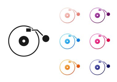 Beyaz arkaplanda izole edilmiş vinil disk simgesi olan siyah vinil çalar. Simgeleri renklendirin. Vektör.