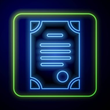 Parlayan neon ölüm sertifikası ikonu mavi arka planda izole edildi. Vektör.