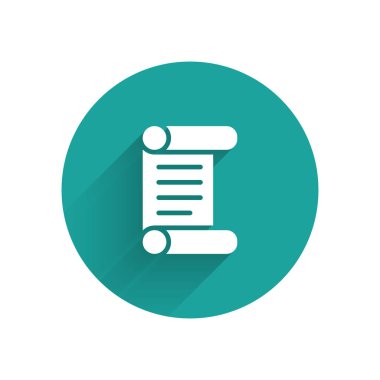 Beyaz KHK, kağıt, parşömen, parşömen ikonu uzun gölgeli izole edilmiş. Yeşil daire düğmesi. Vektör.