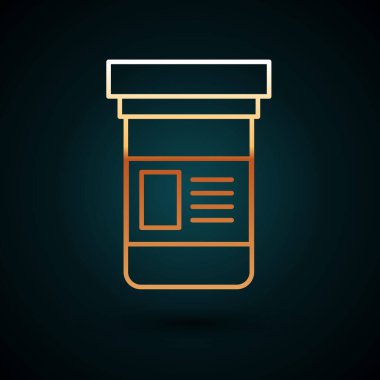 Altın çizgili ilaç şişesi ikonu koyu mavi arka planda izole edilmiş. Şişe hapı işareti. Eczane tasarımı. Vektör İllüstrasyonu.