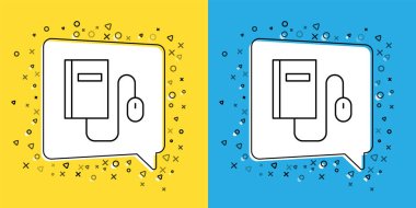 Fare simgesinin sarı ve mavi arkaplanda izole edildiği Elektronik Satır Kitabı 'nı ayarla. Çevrimiçi eğitim kavramı. E-kitap rozet ikonu. Vektör İllüstrasyonu.