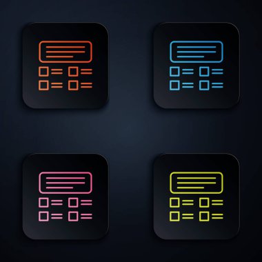 Renkli neon hattı Siyah arkaplanda izole edilmiş test, inceleme ya da kontrol listesi simgesi. Sınav listesi. E-eğitim konsepti. Kare düğmelere simgeleri yerleştir. Vektör İllüstrasyonu.
