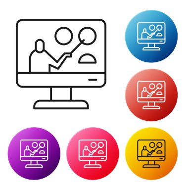 Siyah çizgi çevrimiçi eğitim ve mezuniyet ikonu beyaz arka planda izole edildi. İnternetteki öğretmen monitörde. Giyinme ve video semineri öğrenme. Renkli daire düğmelerini ayarlayın. Vektör İllüstrasyonu.