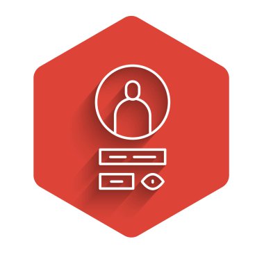 Beyaz çizgi Uzun gölgeli bir hesap ekranı simgesi oluştur. Kırmızı altıgen düğmesi. Vektör İllüstrasyonu.