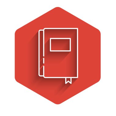 Beyaz çizgi kitabı ikonu uzun gölgeli izole edilmiş. Kırmızı altıgen düğmesi. Vektör.