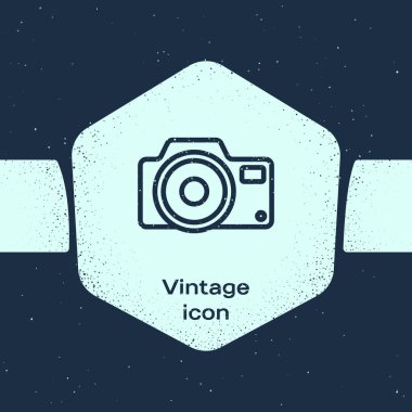 Grunge Line fotoğraf makinesi ikonu mavi arkaplanda izole edildi. Fotoğraf makinesi simgesi. Tek renkli klasik çizim. Vektör.
