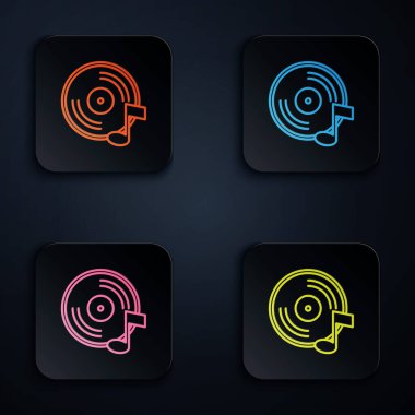 Renk neon çizgisi Vinil disk simgesi siyah arkaplanda izole edildi. Kare düğmelere simgeleri yerleştir. Vektör.