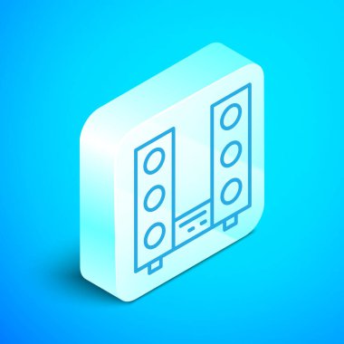 Mavi arka planda iki hoparlör simgesi olan Isometric Home stereo. Müzik sistemi. Gümüş kare düğme. Vektör.