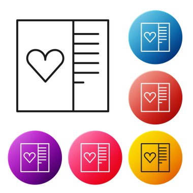 Beyaz arkaplanda kalp ikonu olan siyah çizgi kartpostal. Mesaj aşkım. Aşk ve romantizm mektubu. Renkli daire düğmelerini ayarlayın. Vektör.