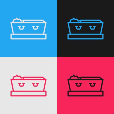 Açık tabut ve ölü beden simgesi renk arkaplanda izole. Ölümden sonra cenaze. Cenaze için açık bir cenaze arabasında ceset. Vektör.