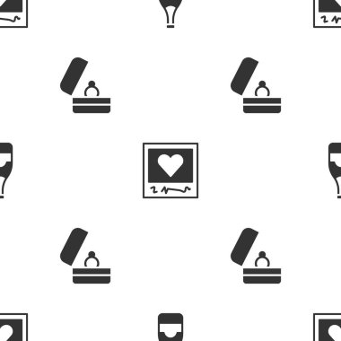 Şampanya şişesi, fotoğraf çerçeveleri, kalpler ve alyansları kusursuz bir şekilde ayarlayın. Vektör.