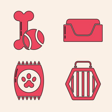 Evcil hayvan taşıma çantası, evcil hayvan oyuncakları lastik ve top, evcil hayvan yatağı ve evcil hayvan ikonu için yiyecek torbası. Vektör.