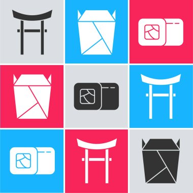 Japon Kapısı 'nı ayarlayın. Restoran açıldı. Paket dolu ve suşi simgesi var. Vektör.