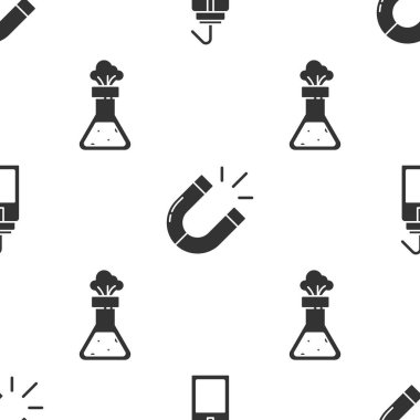 Laboratuvar yıkama şişesi, mıknatıs ve test tüpü ve matara kimyasalı kusursuz desene ayarlayın. Vektör.