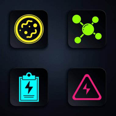 Yüksek voltaj işareti, bakteri, kontrol listesi ve moleküllü laboratuvar panosu. Siyah kare düğme. Vektör.