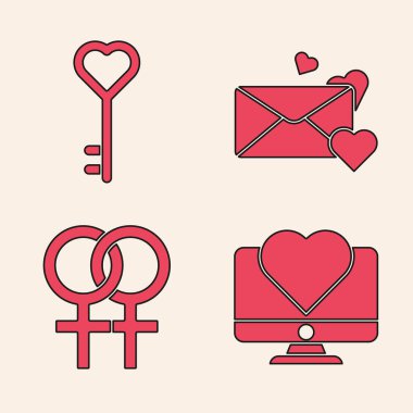 Bilgisayar monitörünü kalple, anahtarı kalp şeklinde, zarfı kalp ve kadın cinsiyet simgesi simgesiyle ayarla. Vektör.