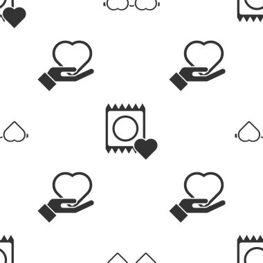 Kalp şeklinde aşk gözlükleri, pakette prezervatif ve elimizde pürüzsüz bir kalp var. Vektör.