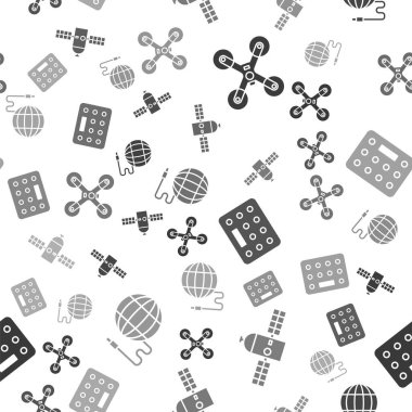 Drone 'u, uyduyu, hapları su toplayan paketleri ve sosyal ağı sorunsuz bir kalıba sokun. Vektör.