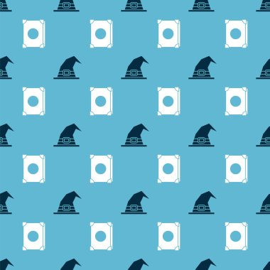 Cadı şapkası ve Eskiler 'in sihirli kitabını kusursuz desen üzerine kurun. Vektör.