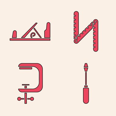 Tornavida, tahta uçak aracı, katlama cetvel ve klemp ayarlayın ve vida araç simgesi. Vektör.