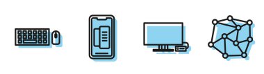 Akıllı TV, Klavye ve Fare, Akıllı Telefon, Cep Telefonu ve Sinirsel Ağ simgesini ayarla. Vektör.