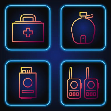Telsiz hattı, biletli pasaport, ilk yardım çantası ve matara. Renk simgeleri. Vektör.