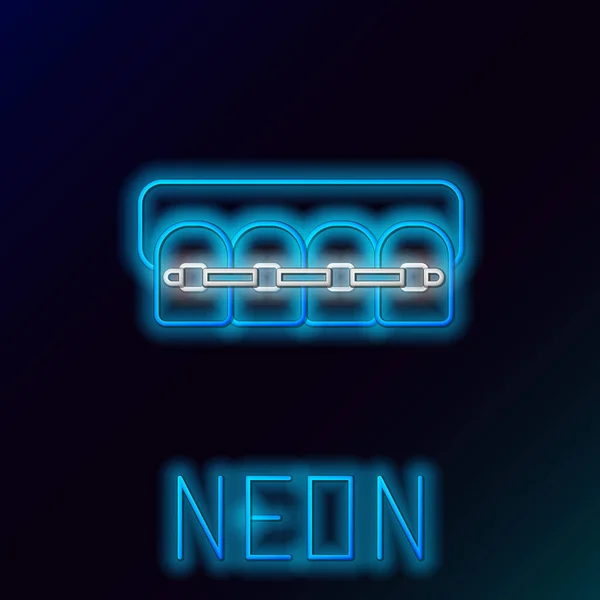 Gloeiende Neon Lijn Tanden Met Beugel Pictogram Geïsoleerd Zwarte Achtergrond — Stockvector