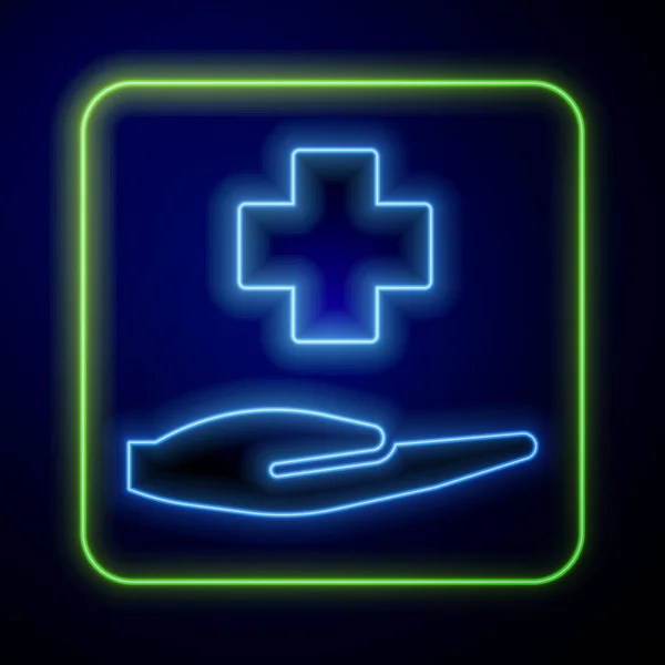 Icono Médico Neón Brillante Cross Hospital Aislado Sobre Fondo Azul — Vector de stock