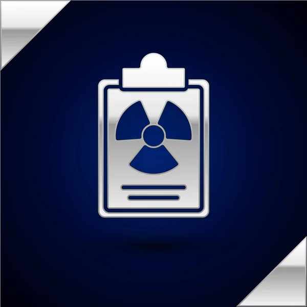 濃い青の背景に隔離された銀放射線警告文書アイコン テキストファイル ベクトル — ストックベクタ