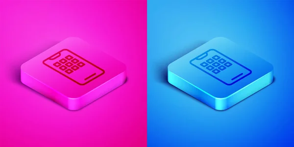 Isometric Line Smartphone Mobile Phone Icon Isolated Pink Blue Background — Stock Vector