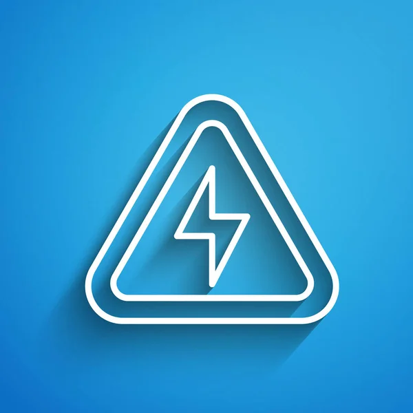 ホワイトライン青の背景に絶縁された高電圧アイコン 危険のシンボル 三角形の矢印 警告アイコン 長い影だ ベクトル — ストックベクタ