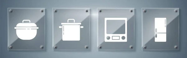 Set Kühlschrank Elektronische Waage Kochtopf Und Kochtopf Quadratische Glasscheiben Vektor — Stockvektor