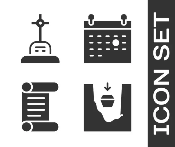 Set Cercueil Dans Tombe Tombe Avec Croix Décret Parchemin Rouleau — Image vectorielle