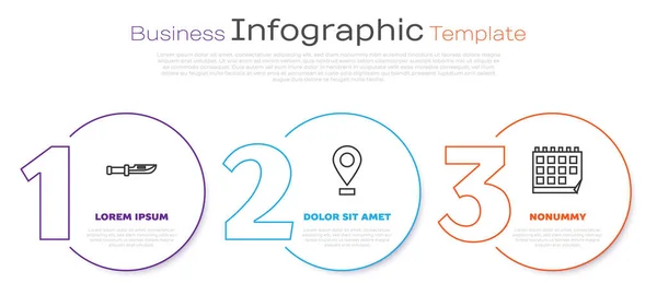 Establecer Línea Cuchillo Camping Ubicación Calendario Plantilla Infografía Empresarial Vector — Vector de stock